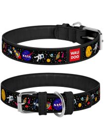 Leather Dog Collar with NASA Design Dog Collars for Medium Dogs Small Large Dogs Heavy Duty Collar with Durable Metal Buckle 14-19 inch Neck x 1 inch